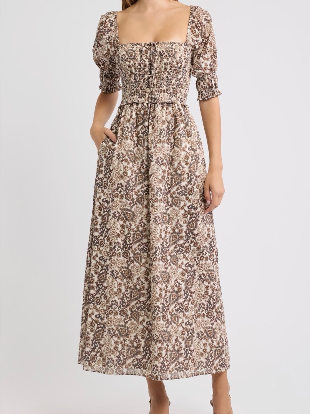 NWT- The Marlene Hill House Brown Floral Smocked Maxi Dress with Puff Sleeves